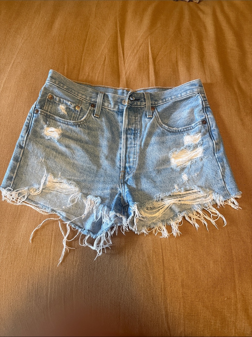 Levi 501 Light Blue Distressed Denim Shorts - Women